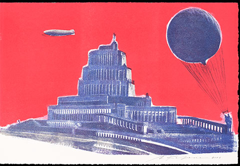 A color lithograph depicts Boris Iofan's design for the Palace of the Soviets. The tiered, neoclassical construction is topped with a statue of Lenin and flanked by a giant balloon on the right and a blimp on the left. 