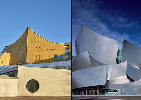 Color photo of the gold-tiled façade of the Berlin Philharmonic on the left, and color photo of the stainless steel, exterior of Walt Disney Concert Hall on the right. 