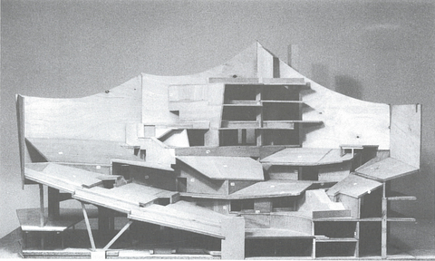 Black and white photo of a plywood construction model of a cross-section of the interior of the Berlin Philharmonic 