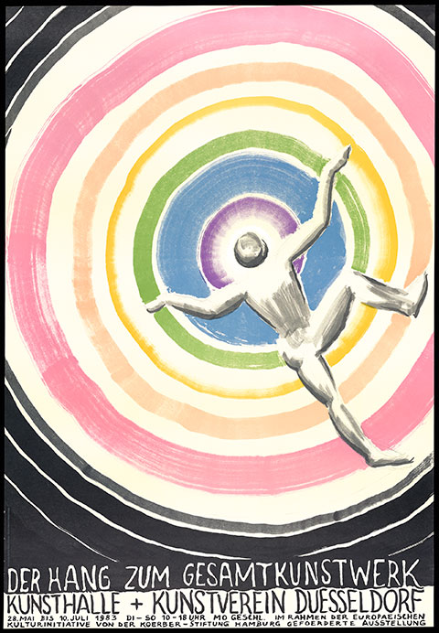 A color poster reproduces a color sketch of a gray man with his arms raised, his back facing toward the viewer, and his head at the center of a violet circle. A series of concentric pale blue, green, yellow, peach, and pink circles expand out from the first circle. The title and date of the exhibiti