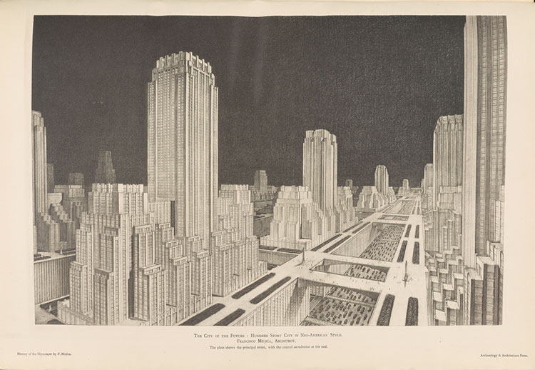 engraved image from The City of the Future: Hundred Story City in Neo-American Style, 1929