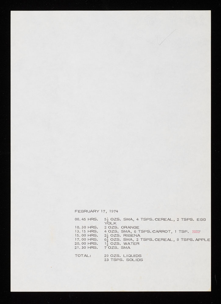 typewritten feeding schedule for February 17, 1974 / Kelly