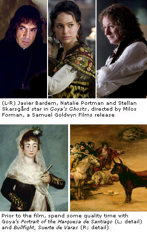 Stills from the movie 'Goya's Ghosts' and details of paintings by Goya